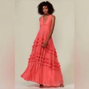 Halston Heritage V Neck strawberry  ruffle pleated dress size 14 $635
